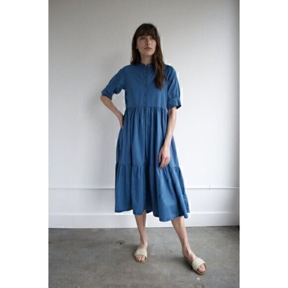 Ali Golden Dresses & Skirts - Ali Golden Blue Cotton Button Up Short Sleeve Tiered Ruffled Maxi Dress Size S